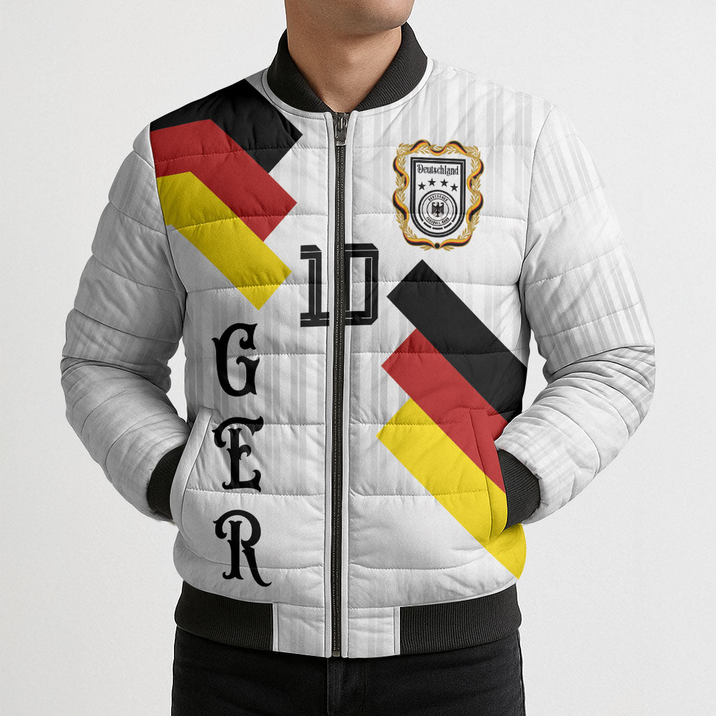 German Football Custom Bomber Puffer Jacket Retro Geometric Flag Stripe Heritage Shield Design