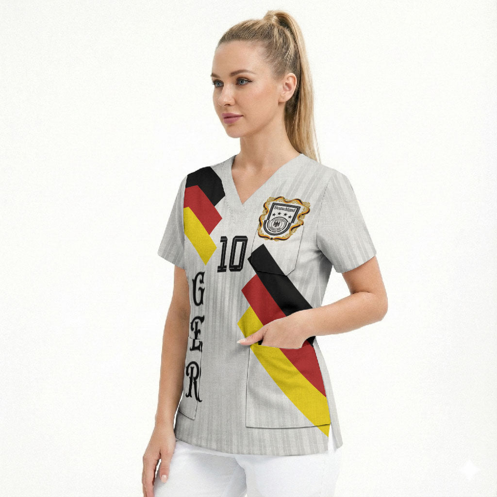 German Football Custom Scrub Top Retro Geometric Flag Stripe Heritage Shield Design