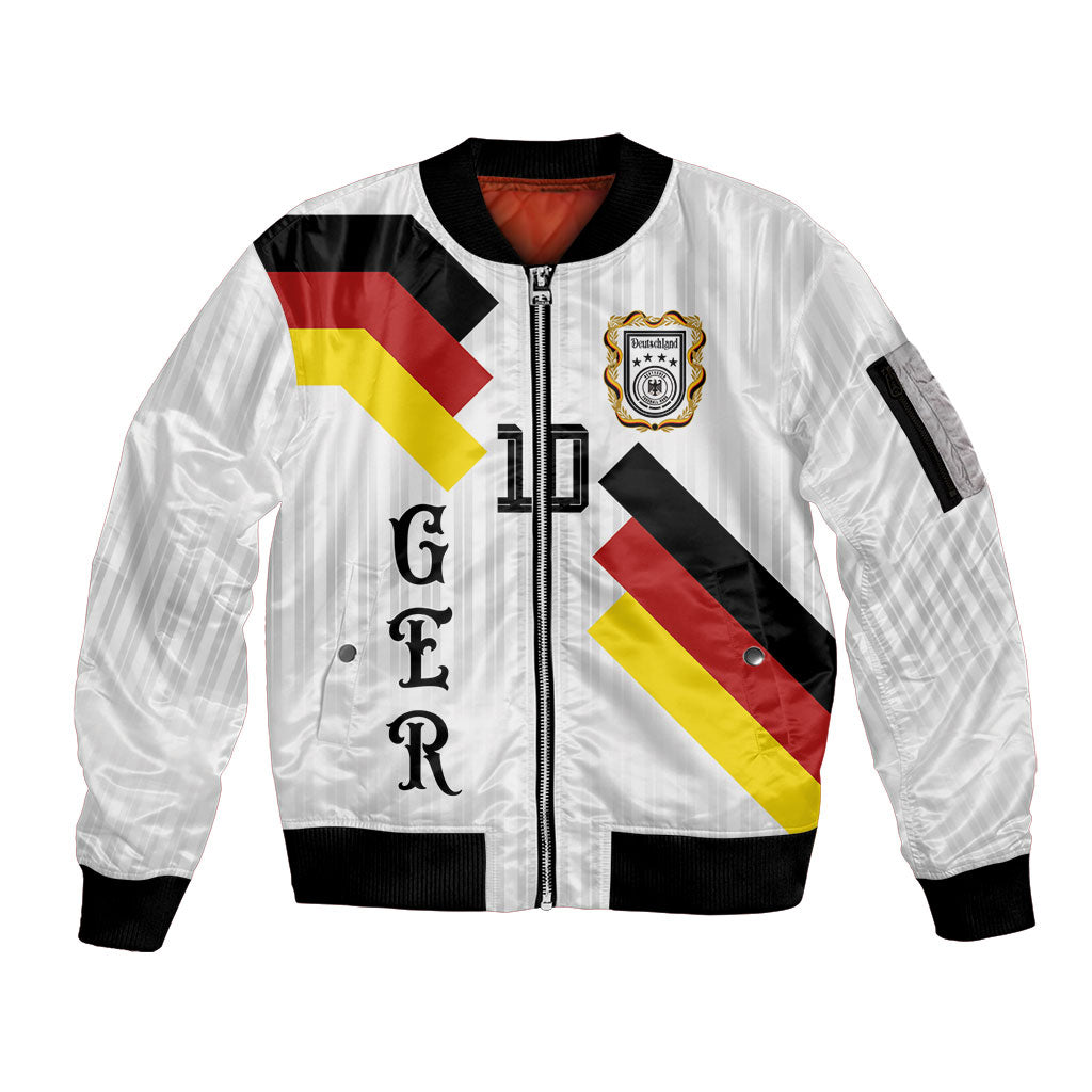 German Football Custom Sleeve Zip Bomber Jacket Retro Geometric Flag Stripe Heritage Shield Design