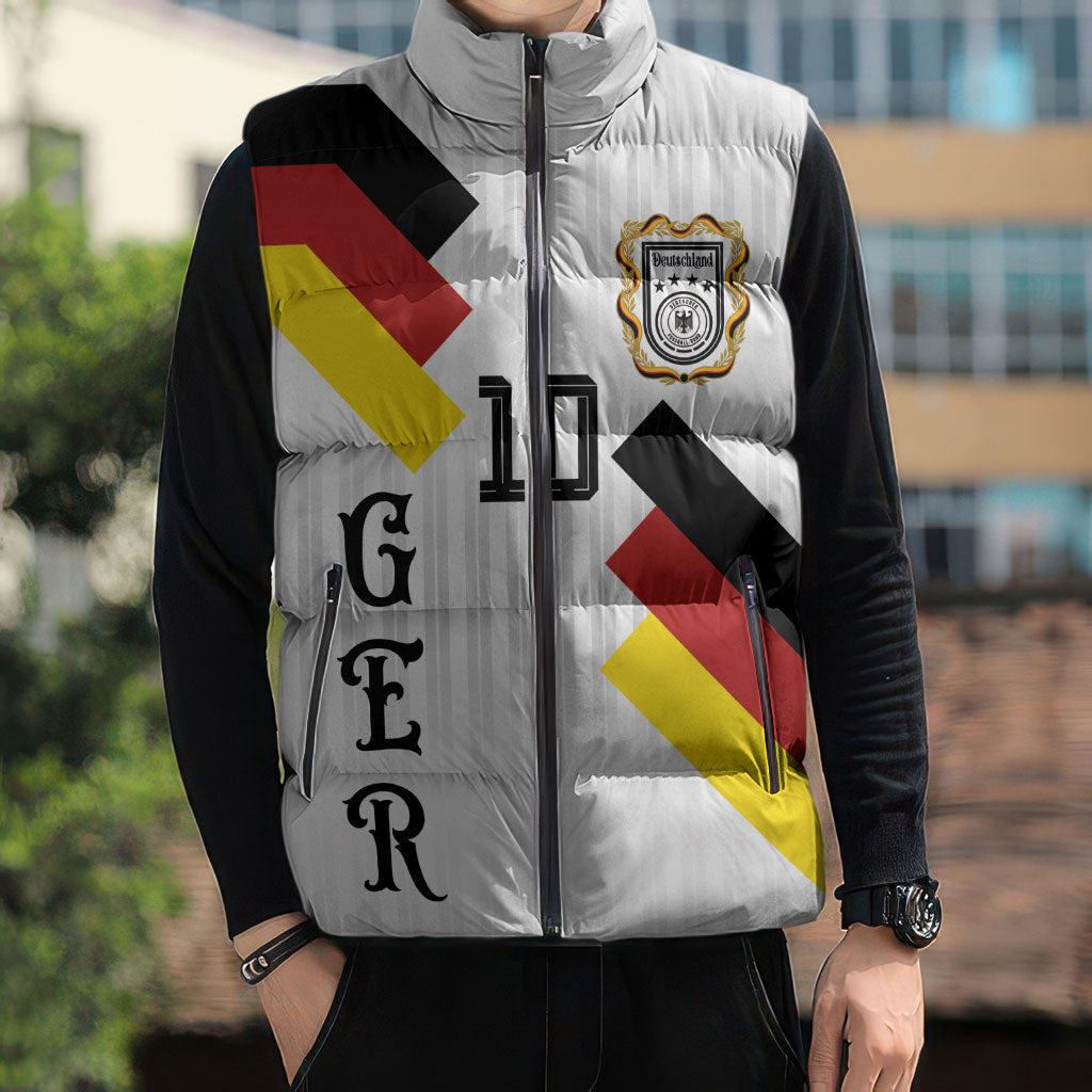 German Football Custom Sleeveless Puffer Jacket Retro Geometric Flag Stripe Heritage Shield Design