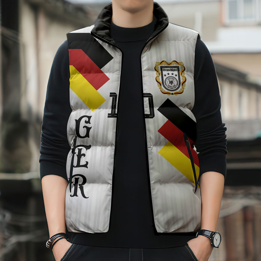 German Football Custom Sleeveless Puffer Jacket Retro Geometric Flag Stripe Heritage Shield Design