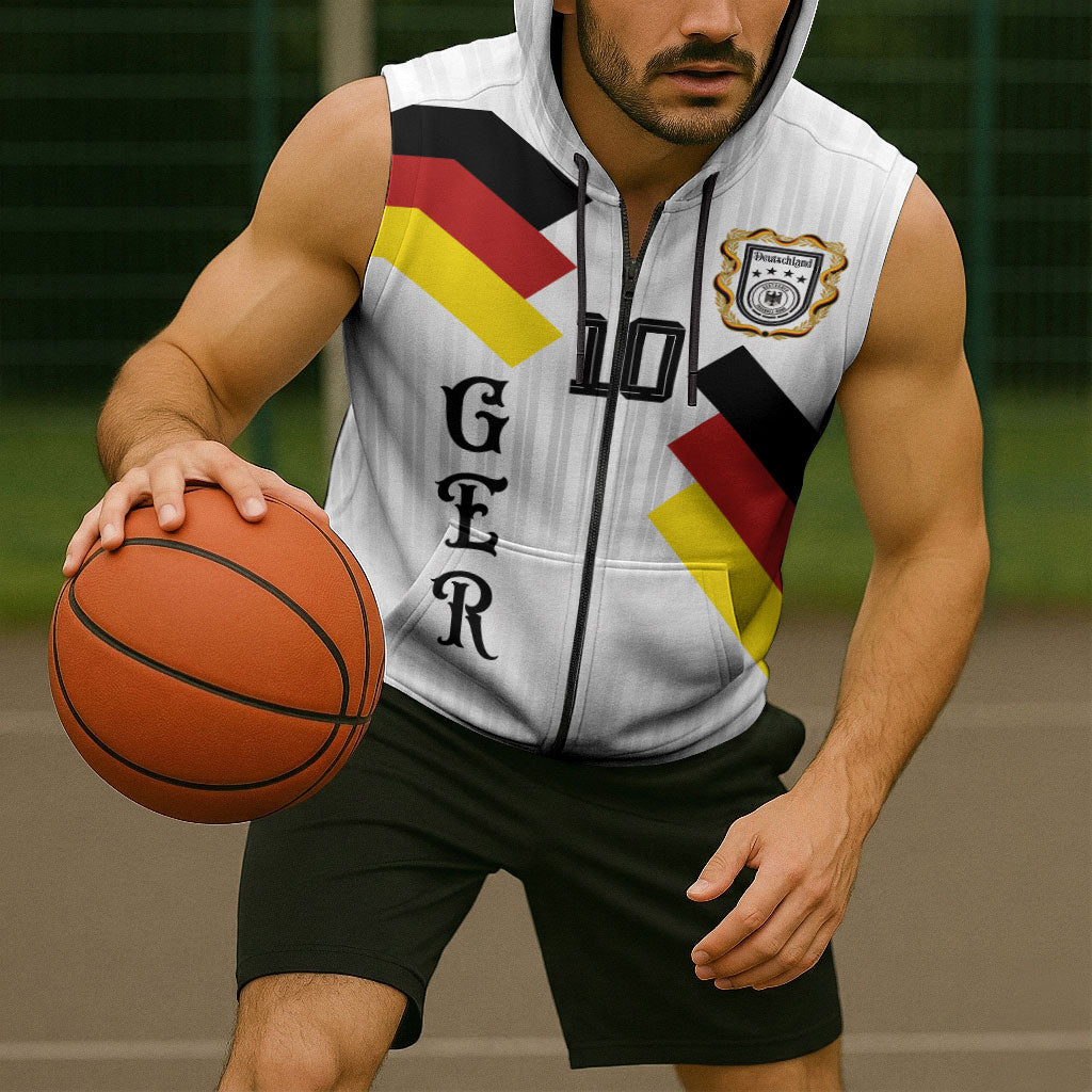 German Football Custom Sleeveless Zip Hoodie Retro Geometric Flag Stripe Heritage Shield Design