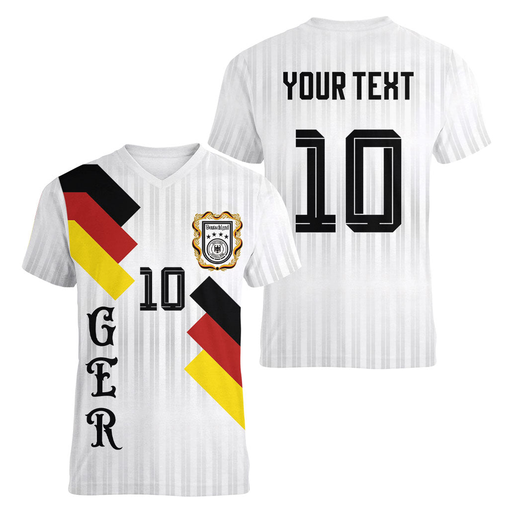 German Football Custom Women V-Neck T-Shirt Retro Geometric Flag Stripe Heritage Shield Design