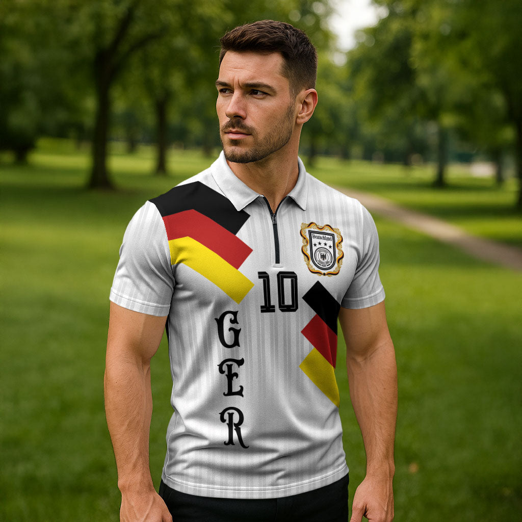 German Football Custom Zipper Polo Shirt Retro Geometric Flag Stripe Heritage Shield Design