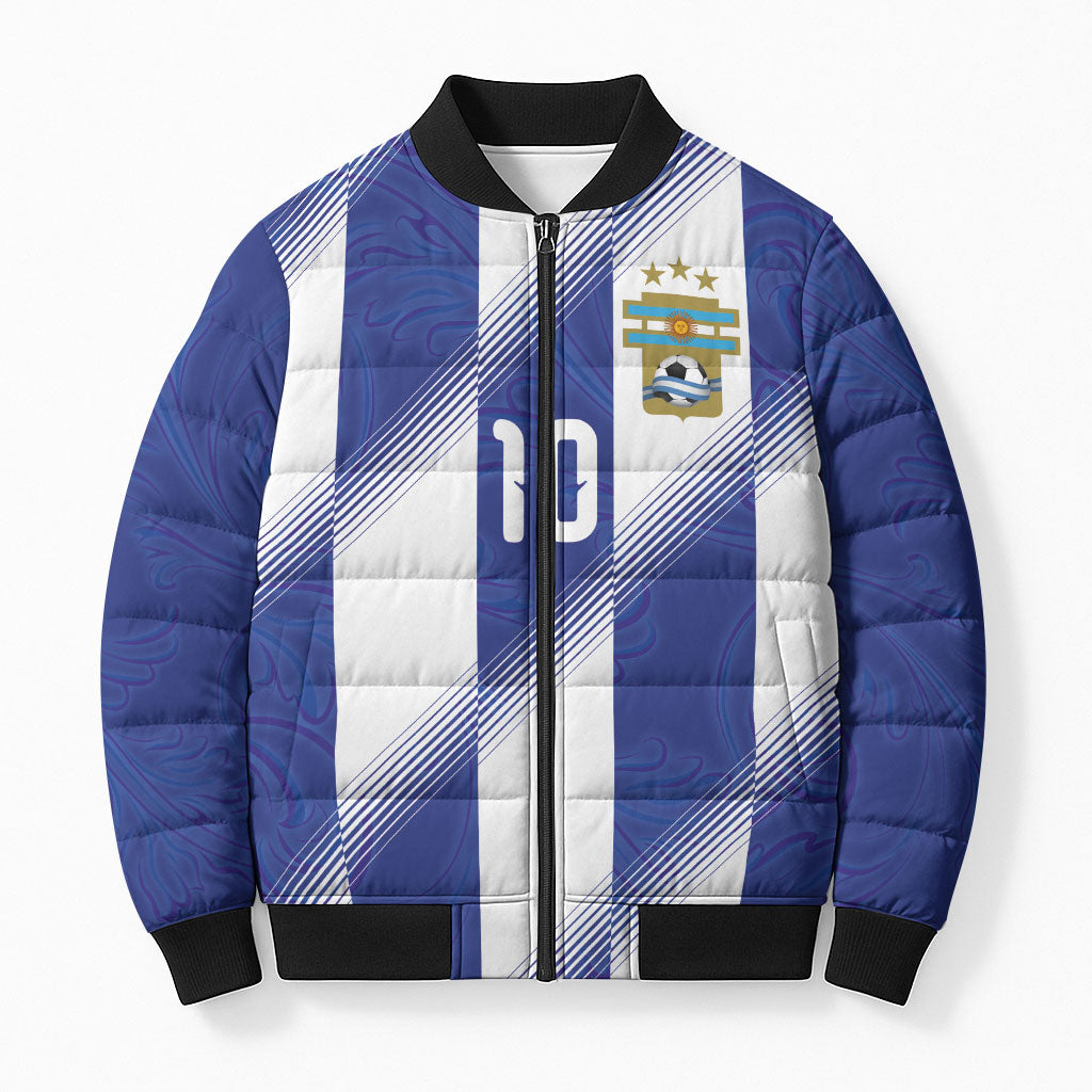 Argentinian Football Custom Bomber Puffer Jacket Fileteado Art Style Albiceleste Vertical Stripe