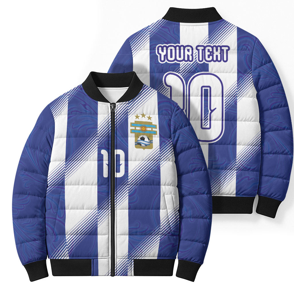 Argentinian Football Custom Bomber Puffer Jacket Fileteado Art Style Albiceleste Vertical Stripe