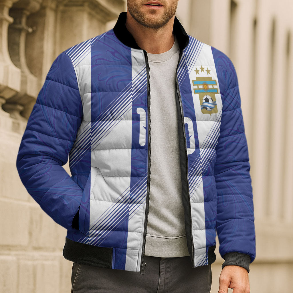 Argentinian Football Custom Bomber Puffer Jacket Fileteado Art Style Albiceleste Vertical Stripe