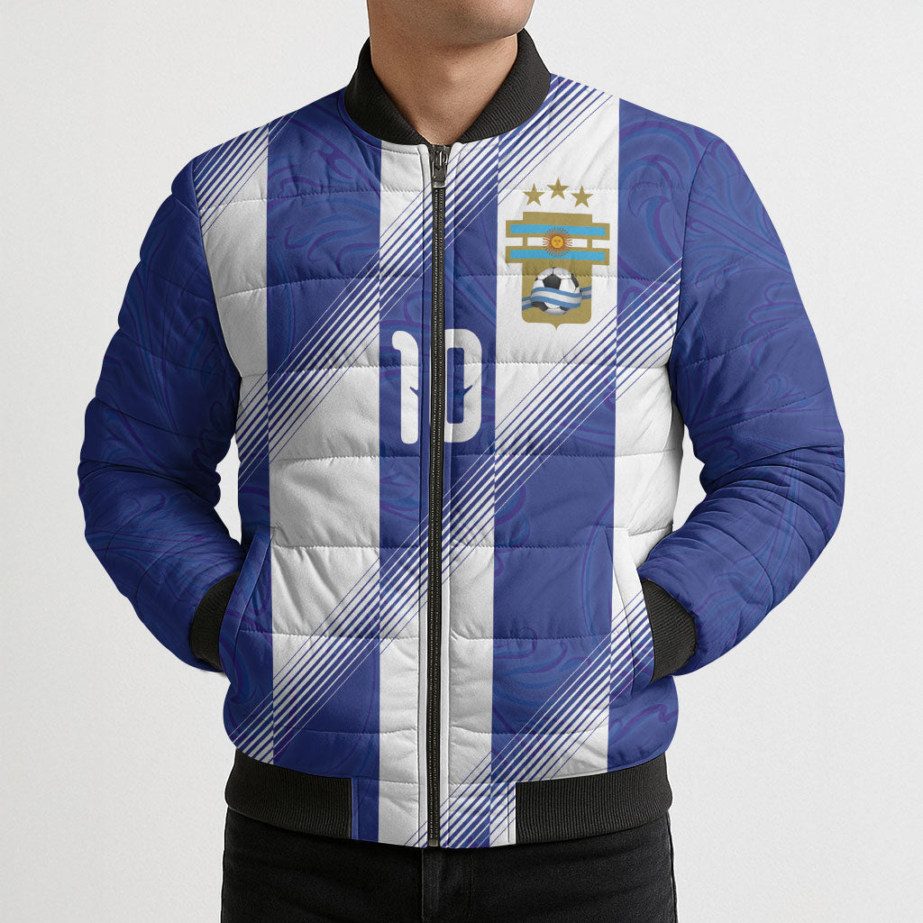 Argentinian Football Custom Bomber Puffer Jacket Fileteado Art Style Albiceleste Vertical Stripe