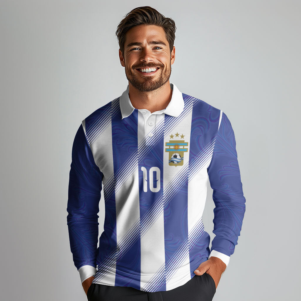 Argentinian Football Custom Long Sleeve Polo Shirt Fileteado Art Style Albiceleste Vertical Stripe