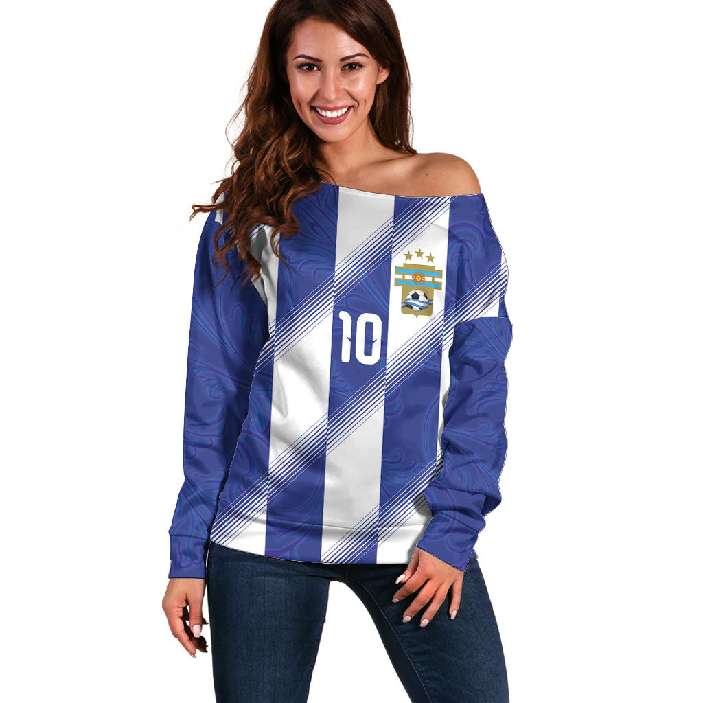 Argentinian Football Custom Off Shoulder Sweater Fileteado Art Style Albiceleste Vertical Stripe
