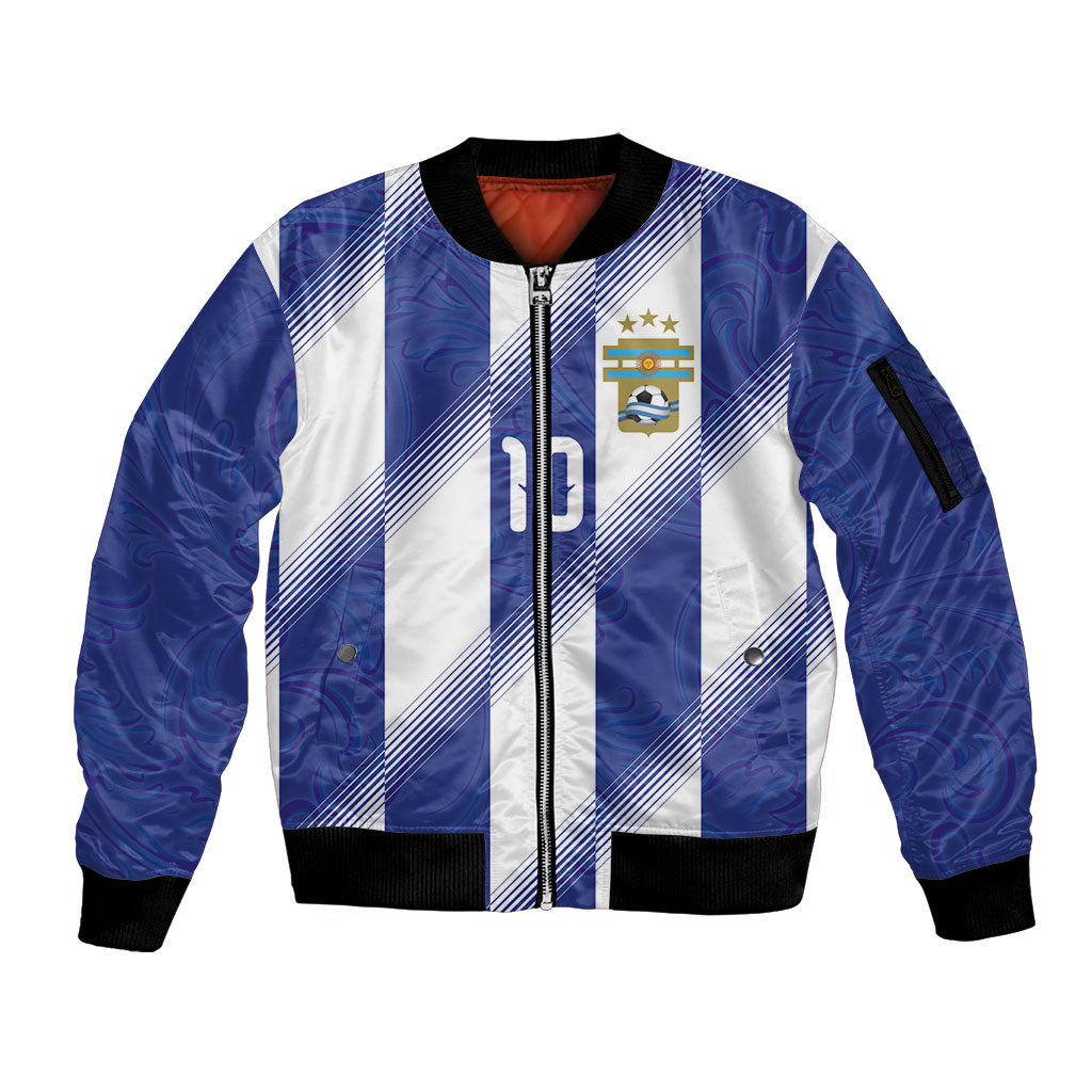 Argentinian Football Custom Sleeve Zip Bomber Jacket Fileteado Art Style Albiceleste Vertical Stripe