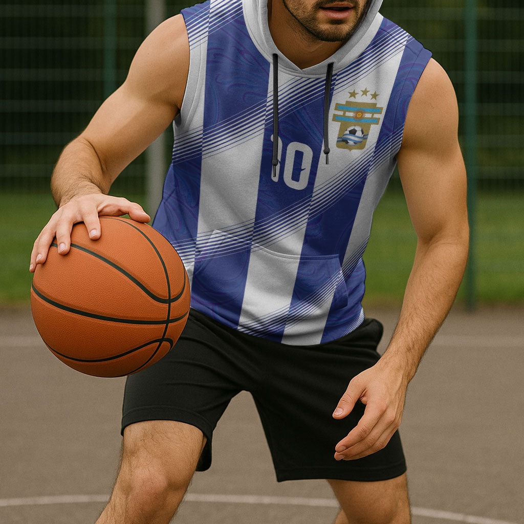 Argentinian Football Custom Sleeveless Hoodie Fileteado Art Style Albiceleste Vertical Stripe