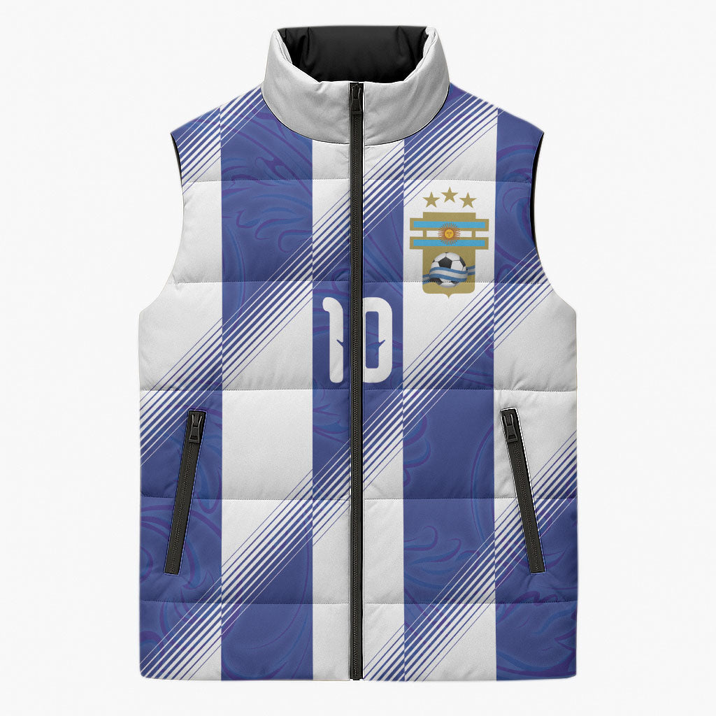 Argentinian Football Custom Sleeveless Puffer Jacket Fileteado Art Style Albiceleste Vertical Stripe