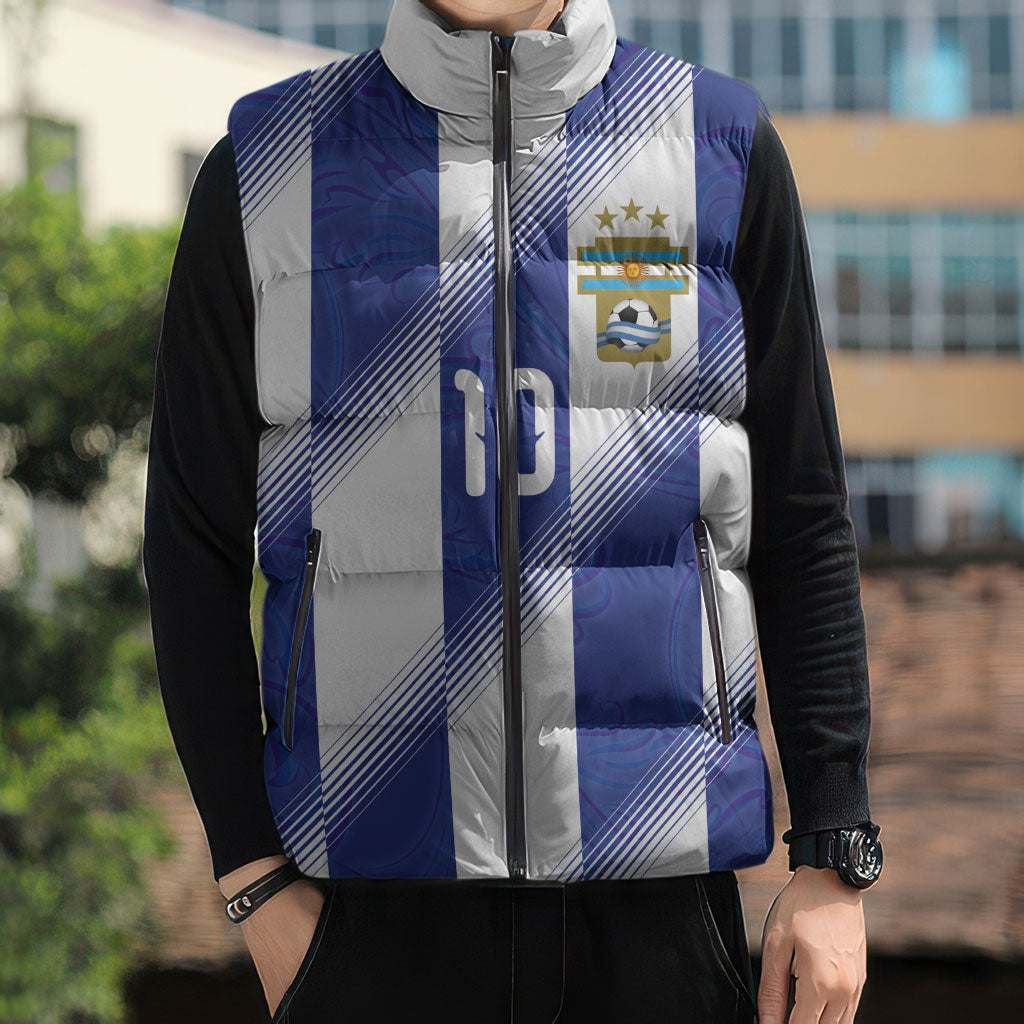Argentinian Football Custom Sleeveless Puffer Jacket Fileteado Art Style Albiceleste Vertical Stripe