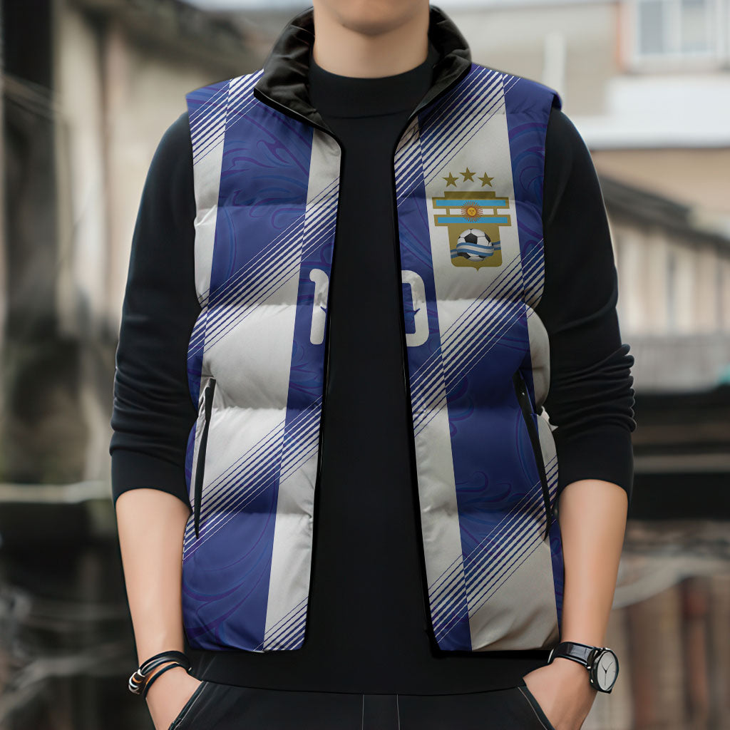 Argentinian Football Custom Sleeveless Puffer Jacket Fileteado Art Style Albiceleste Vertical Stripe