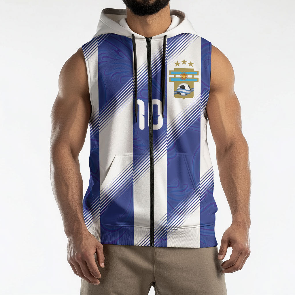 Argentinian Football Custom Sleeveless Zip Hoodie Fileteado Art Style Albiceleste Vertical Stripe