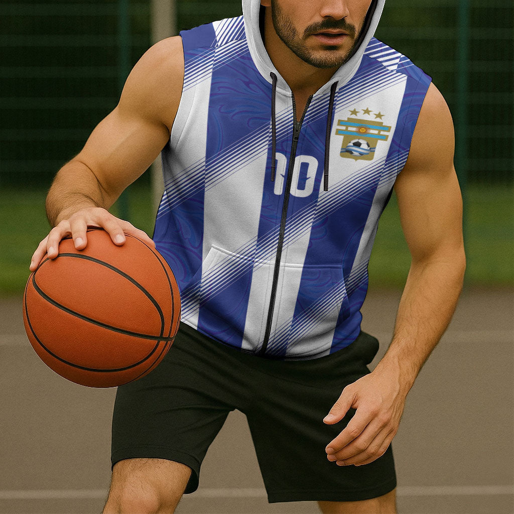Argentinian Football Custom Sleeveless Zip Hoodie Fileteado Art Style Albiceleste Vertical Stripe