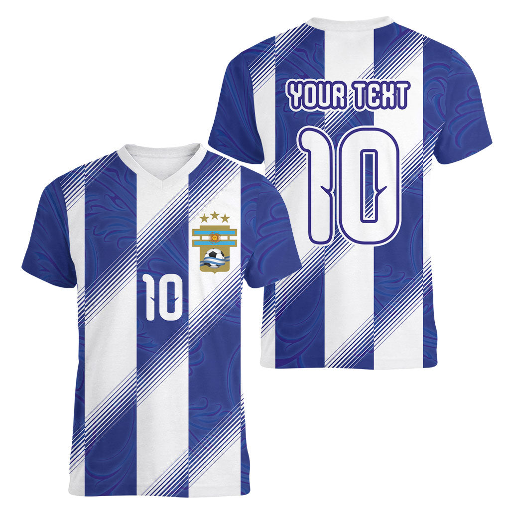 Argentinian Football Custom Women V-Neck T-Shirt Fileteado Art Style Albiceleste Vertical Stripe