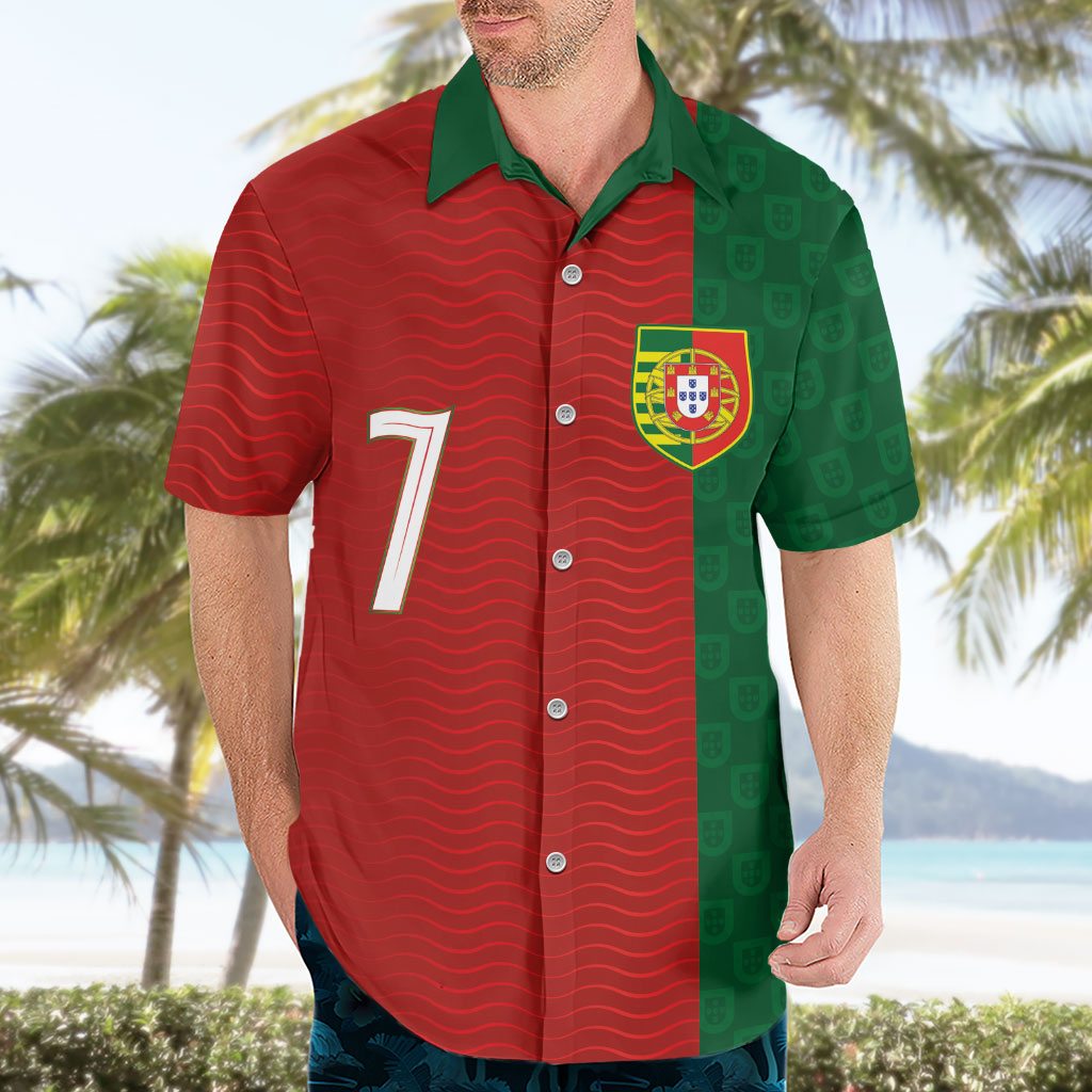 Portuguese Football Custom Hawaiian Shirt Wave Pattern Heritage Crest