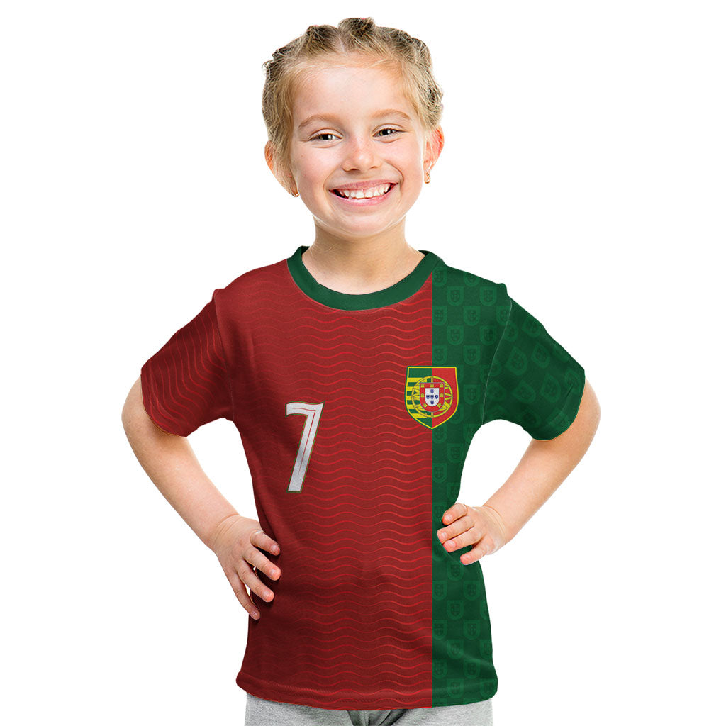 Portuguese Football Custom Kid T Shirt Wave Pattern Heritage Crest