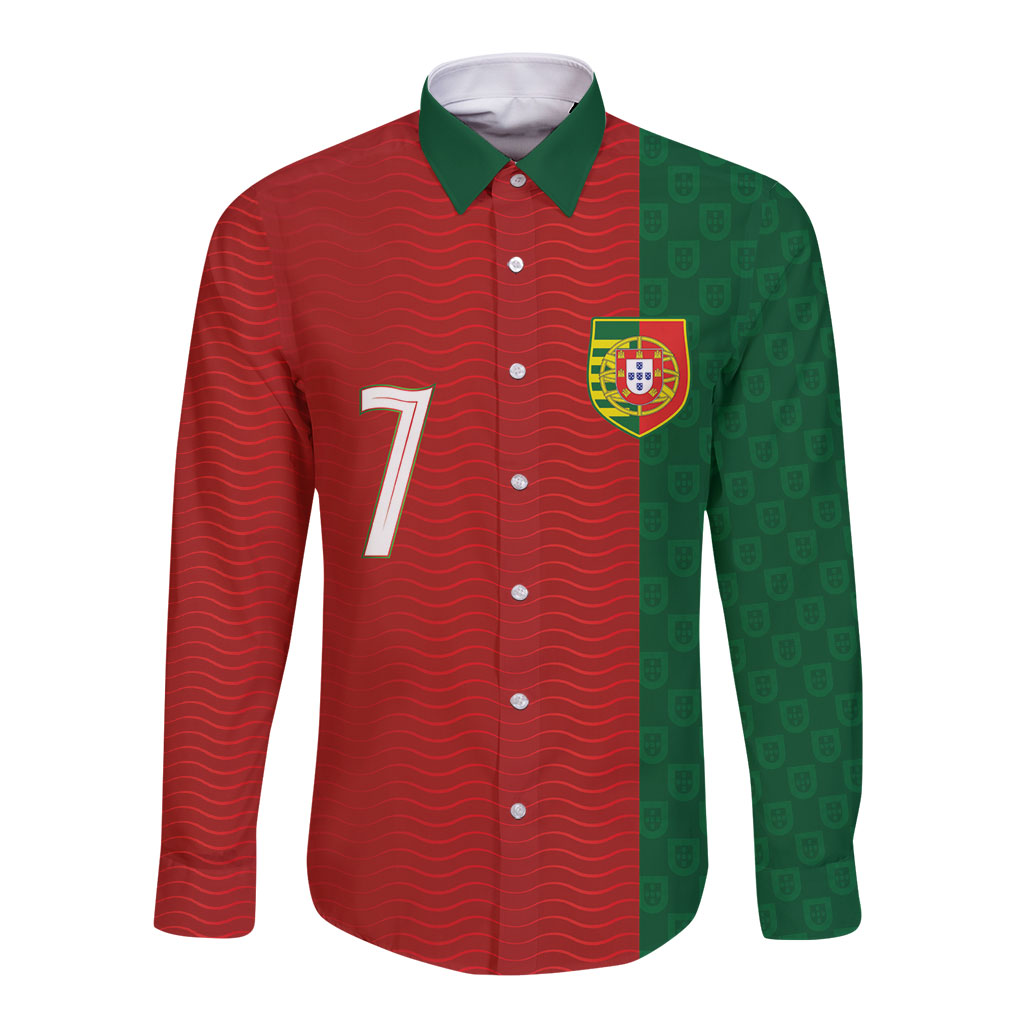 Portuguese Football Custom Long Sleeve Button Shirt Wave Pattern Heritage Crest