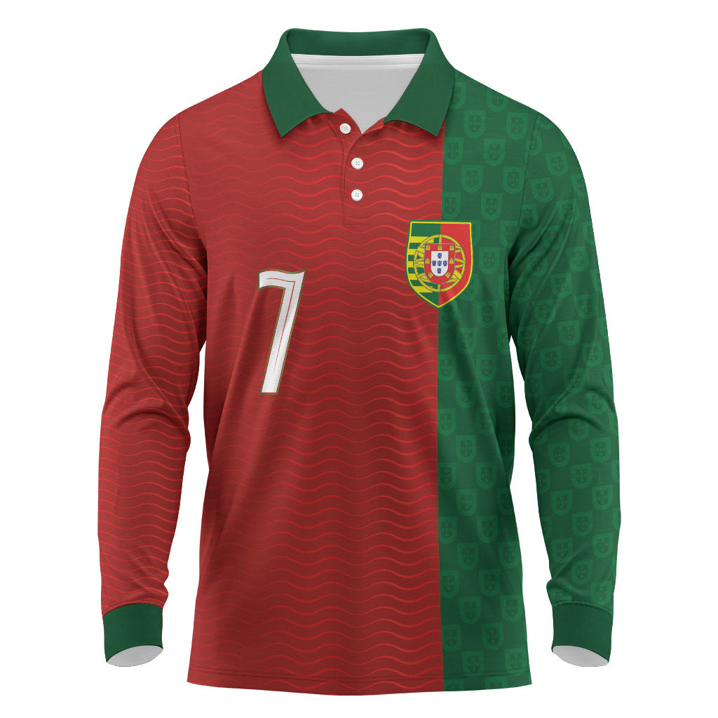 Portuguese Football Custom Long Sleeve Polo Shirt Wave Pattern Heritage Crest