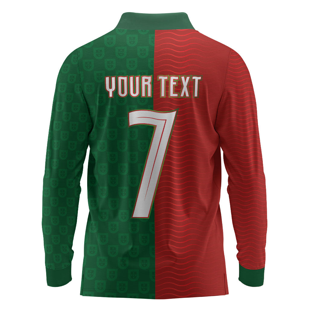 Portuguese Football Custom Long Sleeve Polo Shirt Wave Pattern Heritage Crest