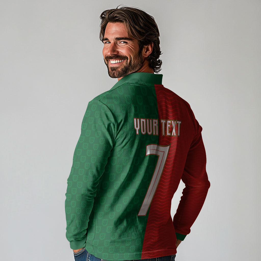 Portuguese Football Custom Long Sleeve Polo Shirt Wave Pattern Heritage Crest