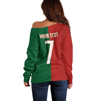 Portuguese Football Custom Off Shoulder Sweater Wave Pattern Heritage Crest
