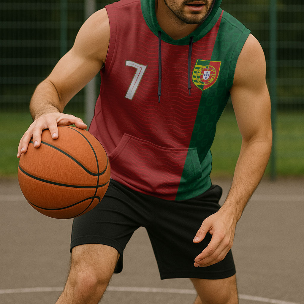 Portuguese Football Custom Sleeveless Hoodie Wave Pattern Heritage Crest