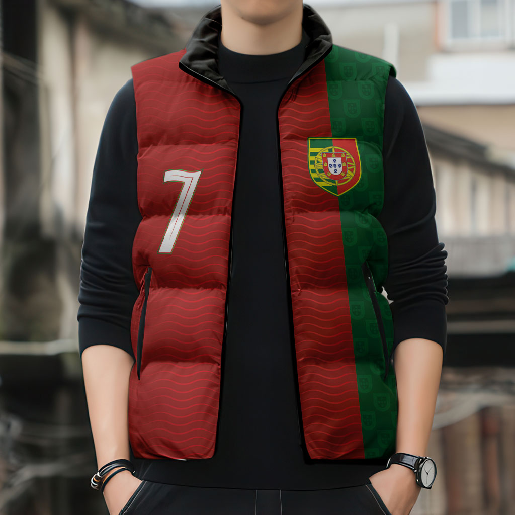 Portuguese Football Custom Sleeveless Puffer Jacket Wave Pattern Heritage Crest
