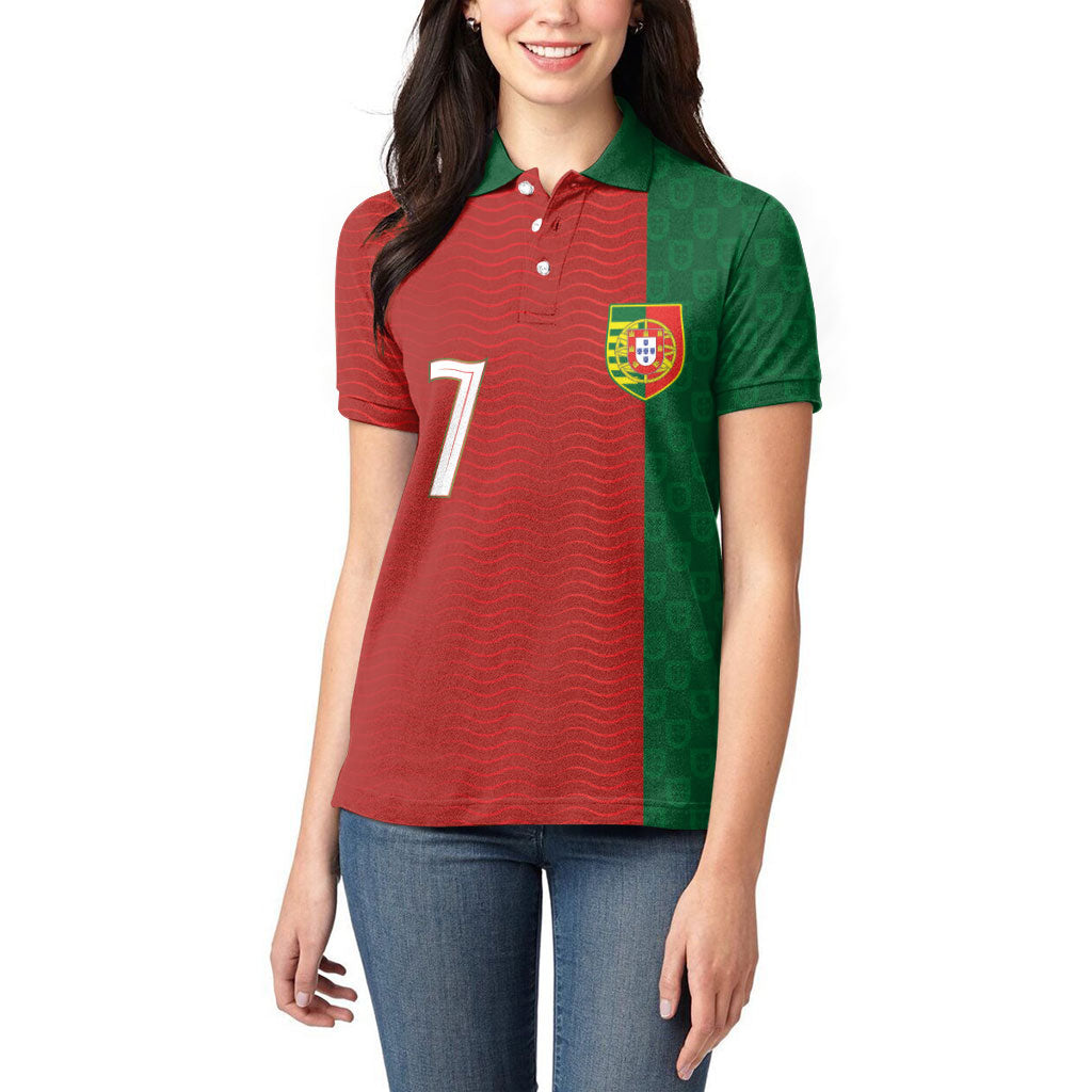 Portuguese Football Custom Women Polo Shirt Wave Pattern Heritage Crest