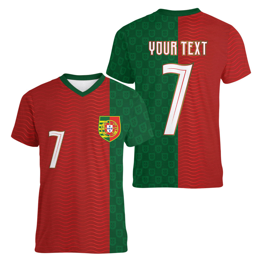 Portuguese Football Custom Women V-Neck T-Shirt Wave Pattern Heritage Crest