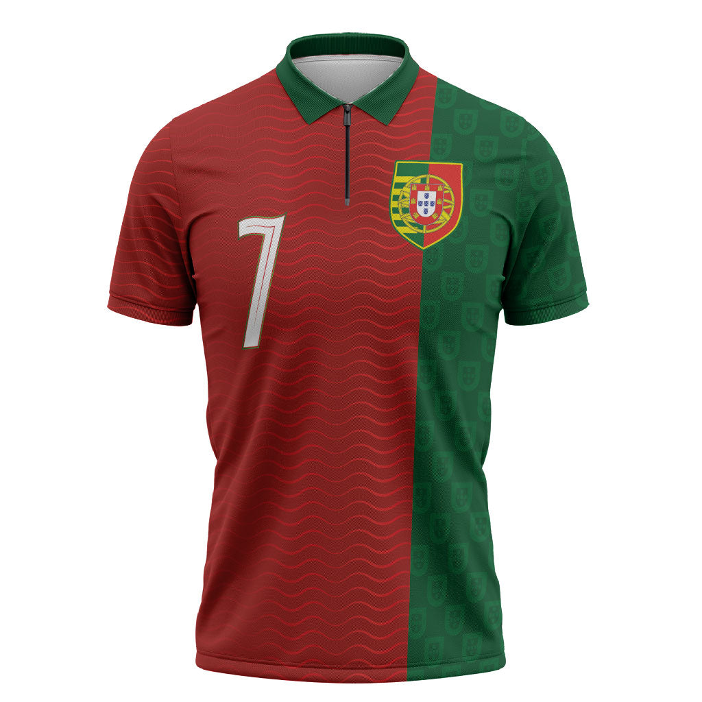 Portuguese Football Custom Zipper Polo Shirt Wave Pattern Heritage Crest