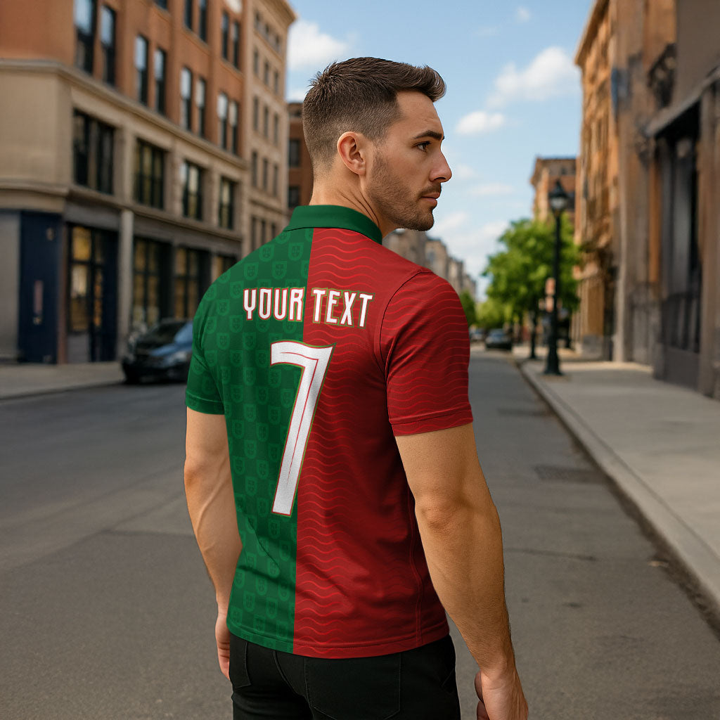 Portuguese Football Custom Zipper Polo Shirt Wave Pattern Heritage Crest