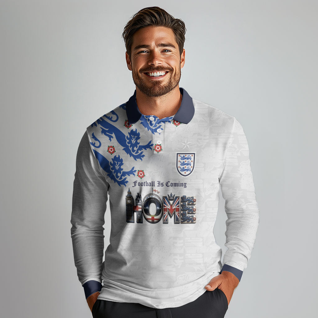 Custom England National Football Long Sleeve Polo Shirt Football is Coming Home Typography Sporty Style