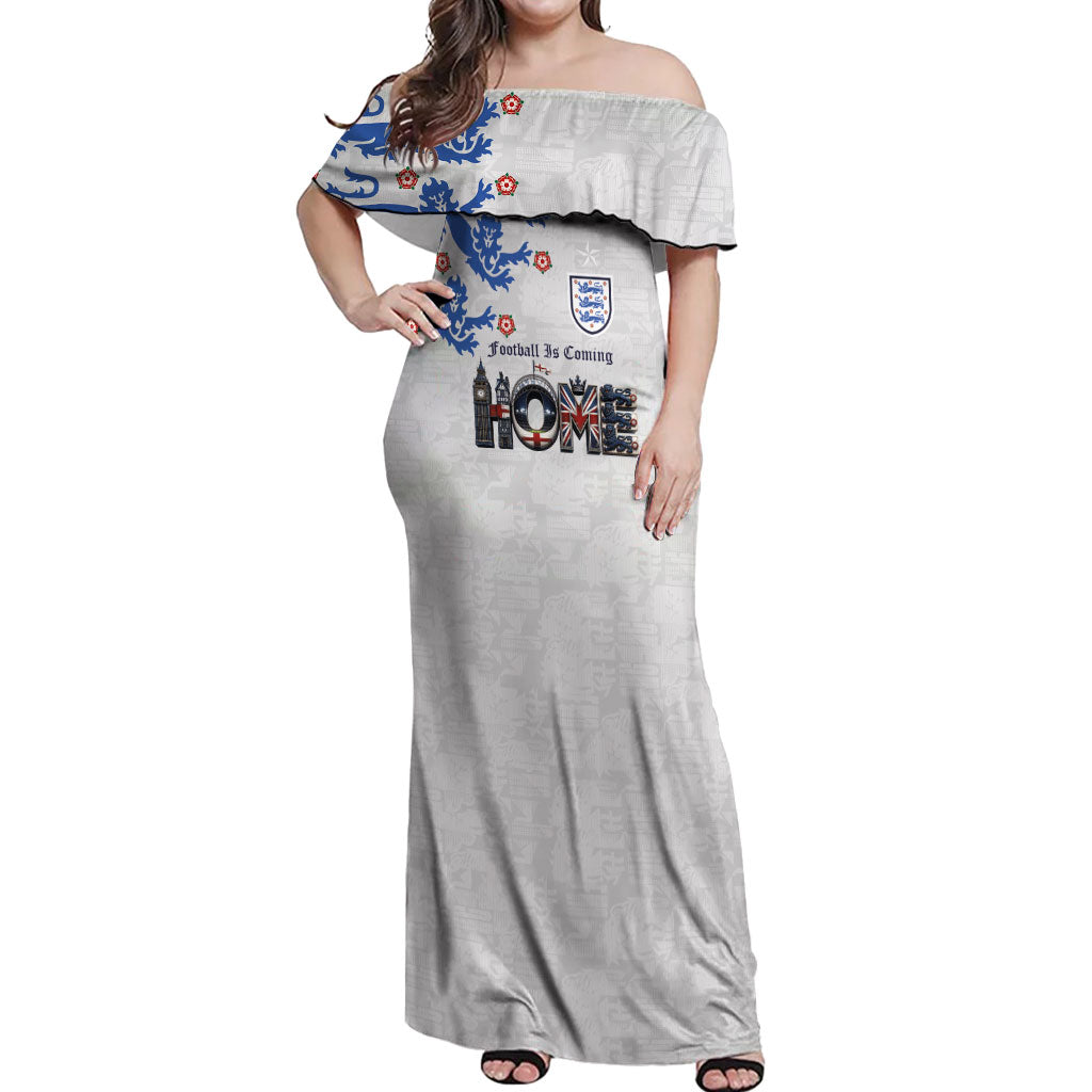 Custom England National Football Off Shoulder Maxi Dress Football is Coming Home Typography Sporty Style