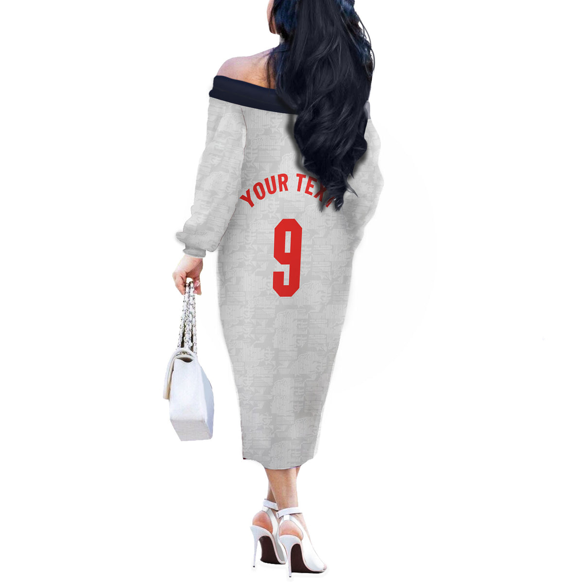 Custom England National Football Off The Shoulder Long Sleeve Dress Football is Coming Home Typography Sporty Style