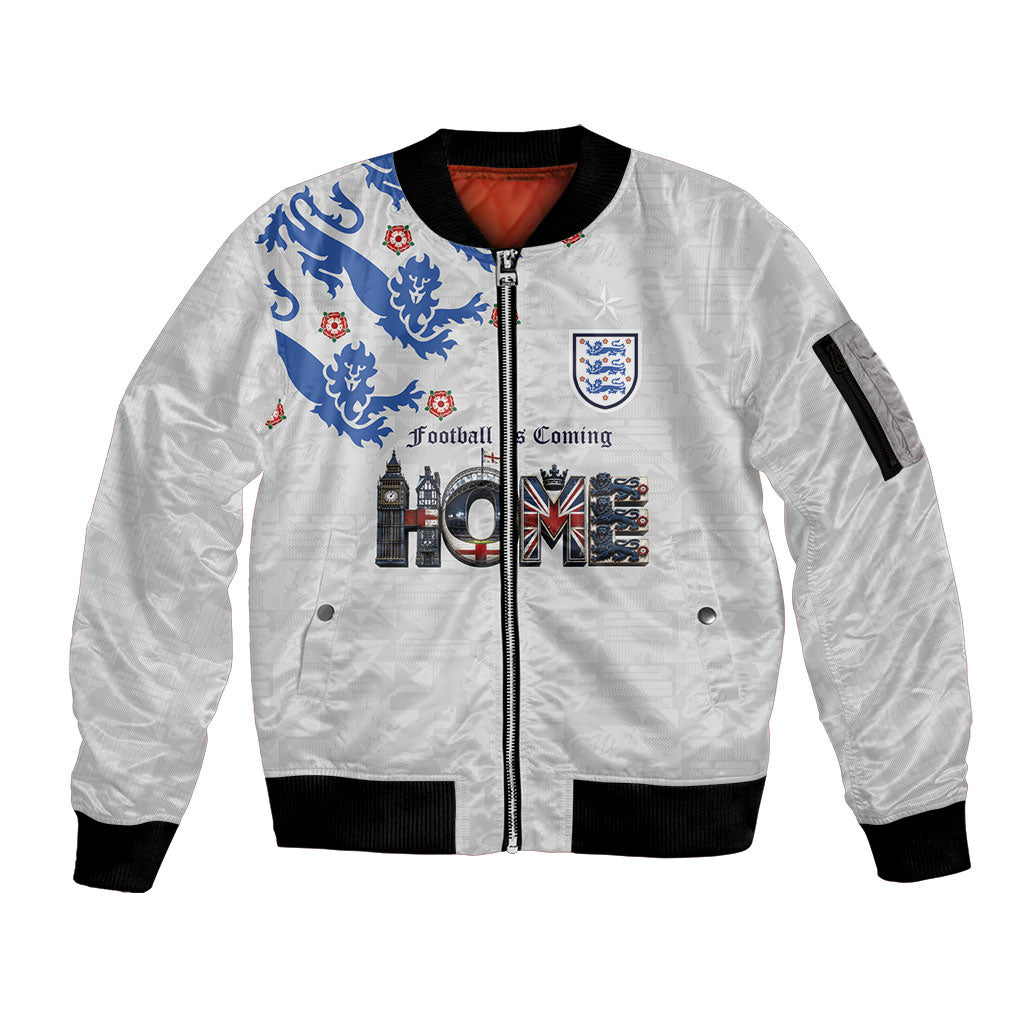 Custom England National Football Sleeve Zip Bomber Jacket Football is Coming Home Typography Sporty Style