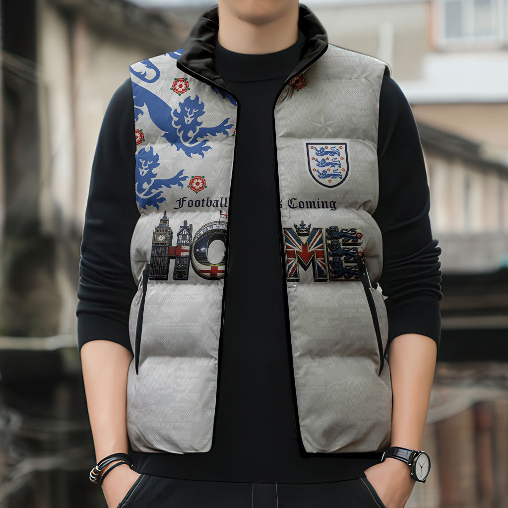 Custom England National Football Sleeveless Puffer Jacket Football is Coming Home Typography Sporty Style