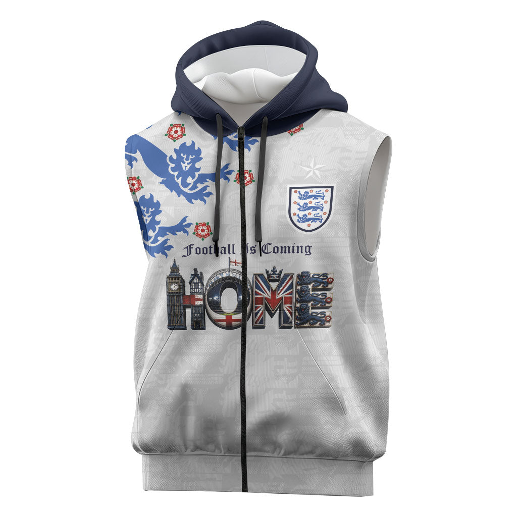 Custom England National Football Sleeveless Zip Hoodie Football is Coming Home Typography Sporty Style