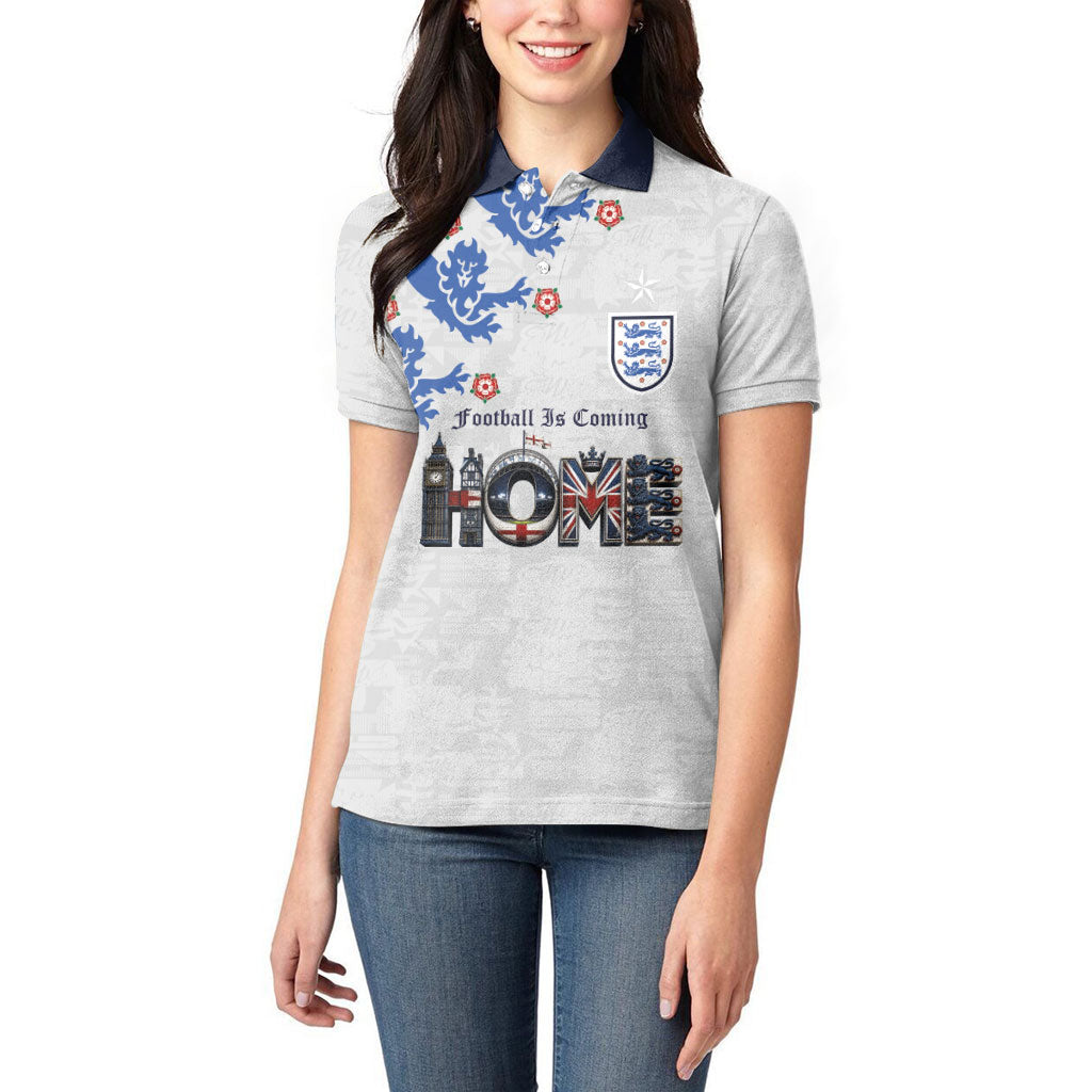 Custom England National Football Women Polo Shirt Football is Coming Home Typography Sporty Style