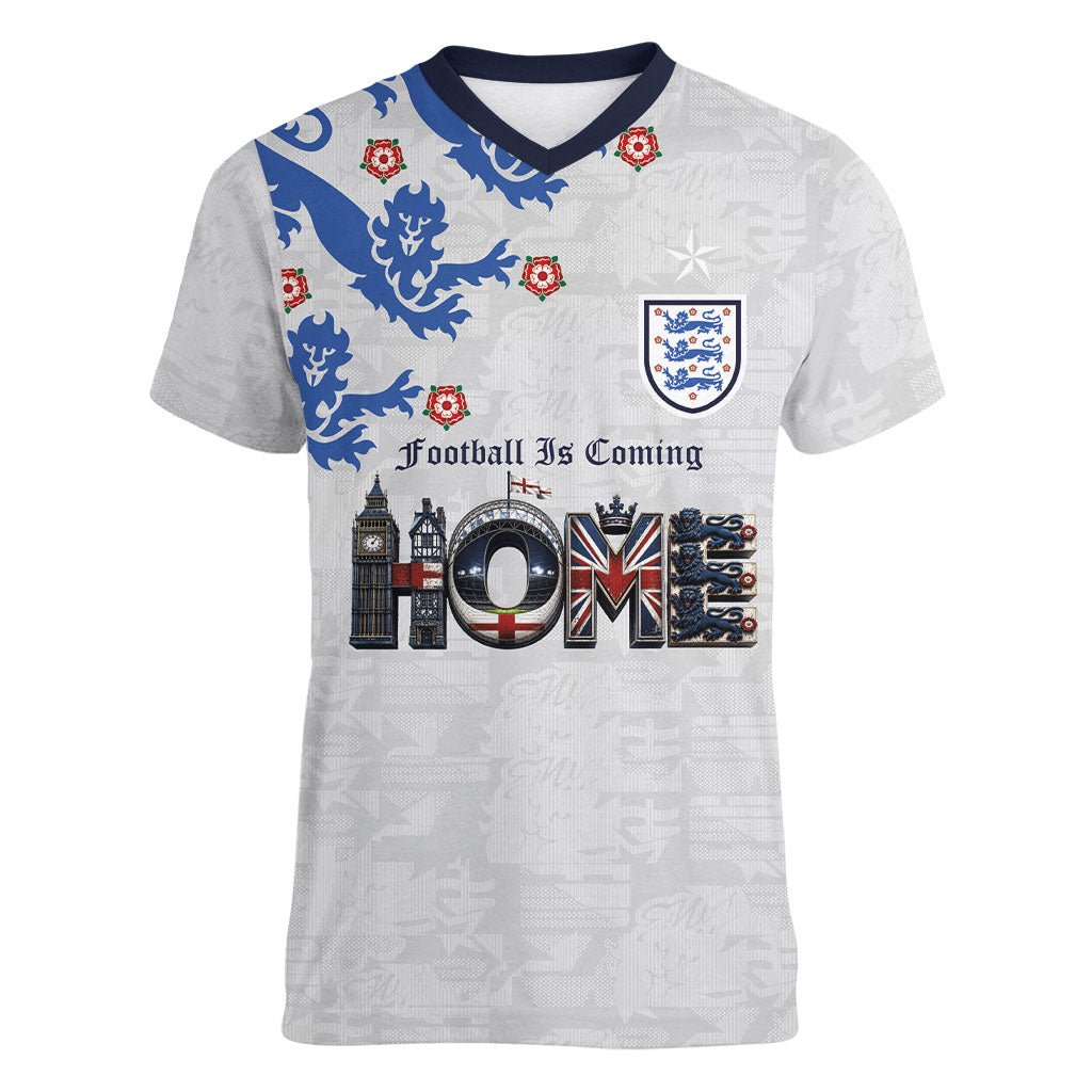 Custom England National Football Women V-Neck T-Shirt Football is Coming Home Typography Sporty Style