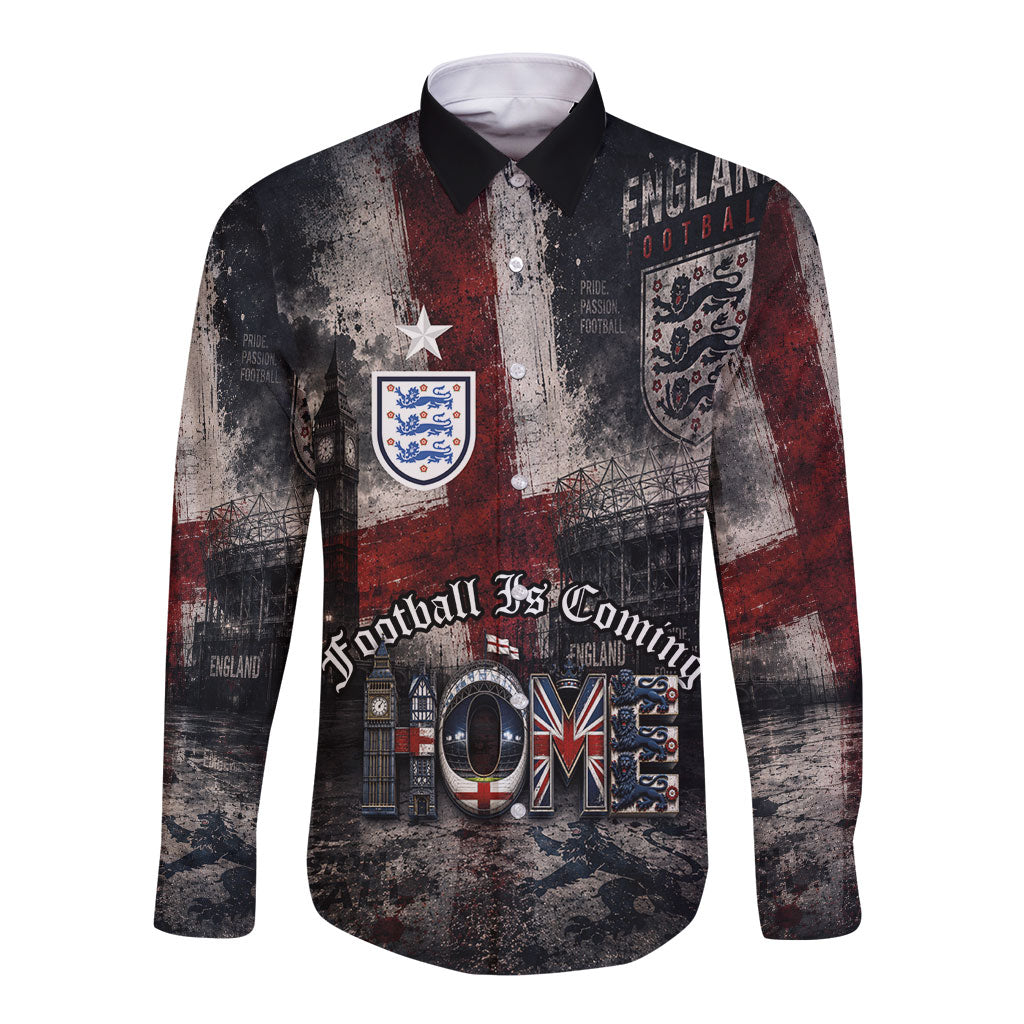England National Football Long Sleeve Button Shirt Football is Coming Home Typography Grunge Style