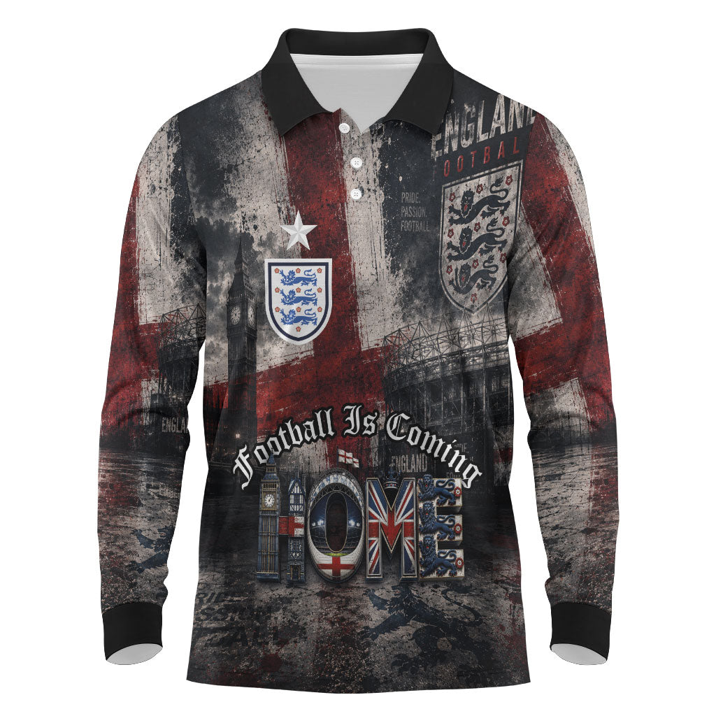 England National Football Long Sleeve Polo Shirt Football is Coming Home Typography Grunge Style