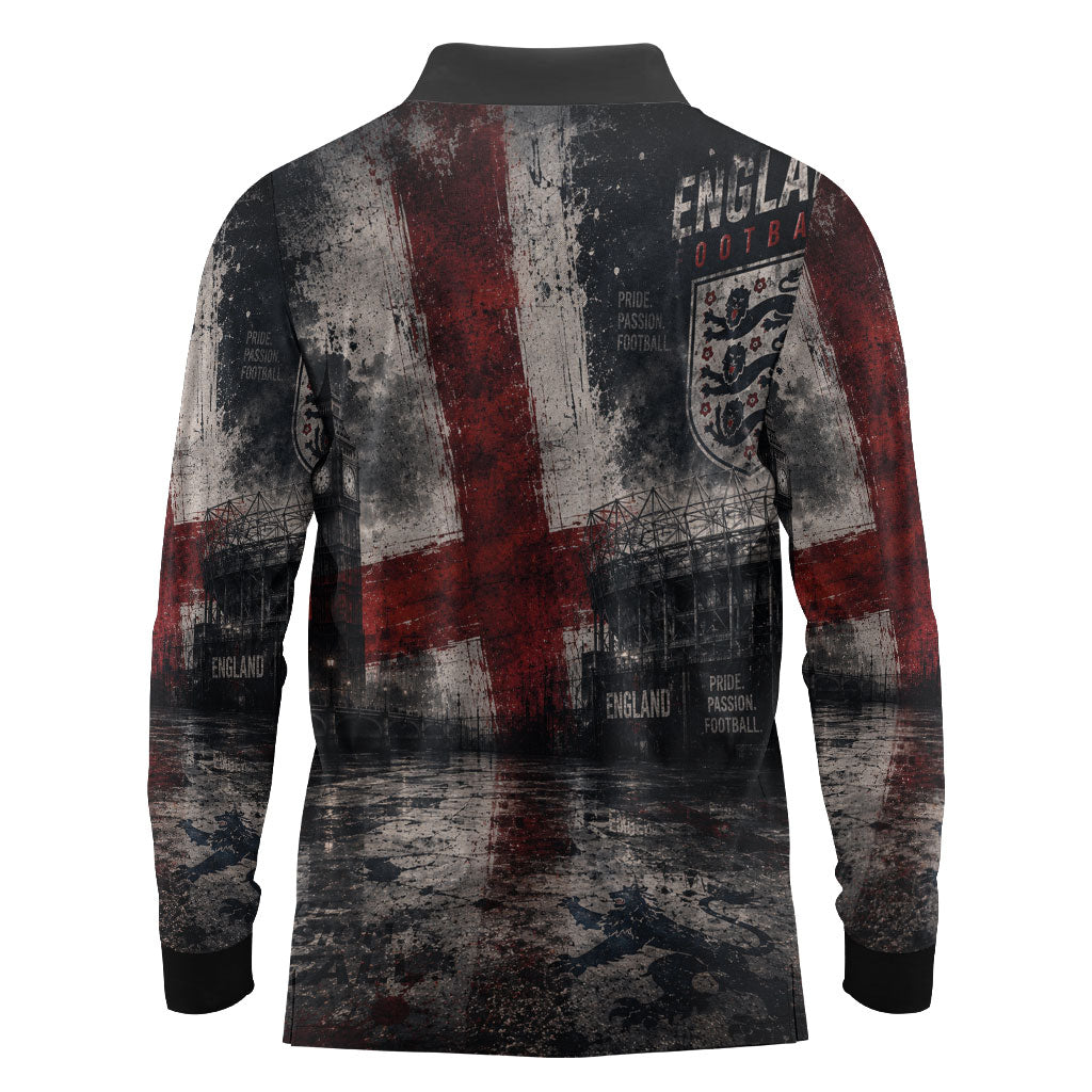 England National Football Long Sleeve Polo Shirt Football is Coming Home Typography Grunge Style