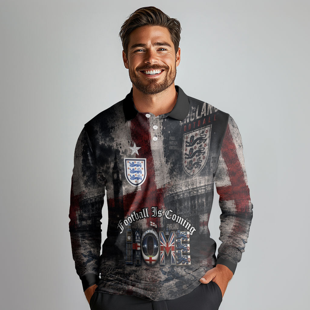 England National Football Long Sleeve Polo Shirt Football is Coming Home Typography Grunge Style