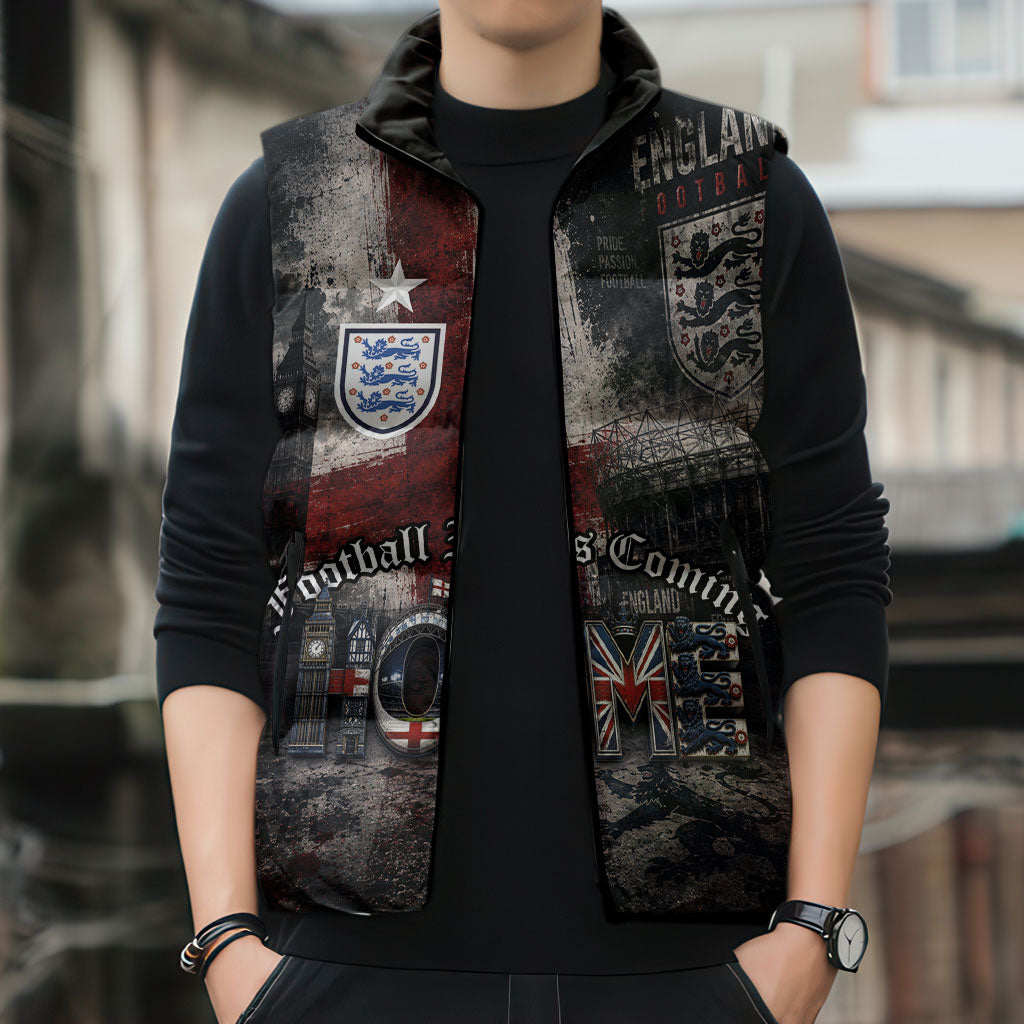 England National Football Sleeveless Puffer Jacket Football is Coming Home Typography Grunge Style