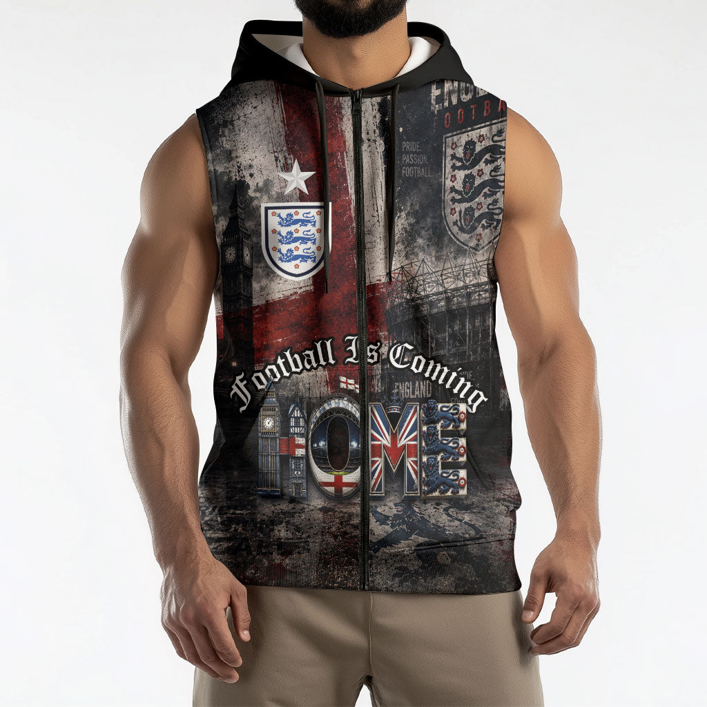 England National Football Sleeveless Zip Hoodie Football is Coming Home Typography Grunge Style