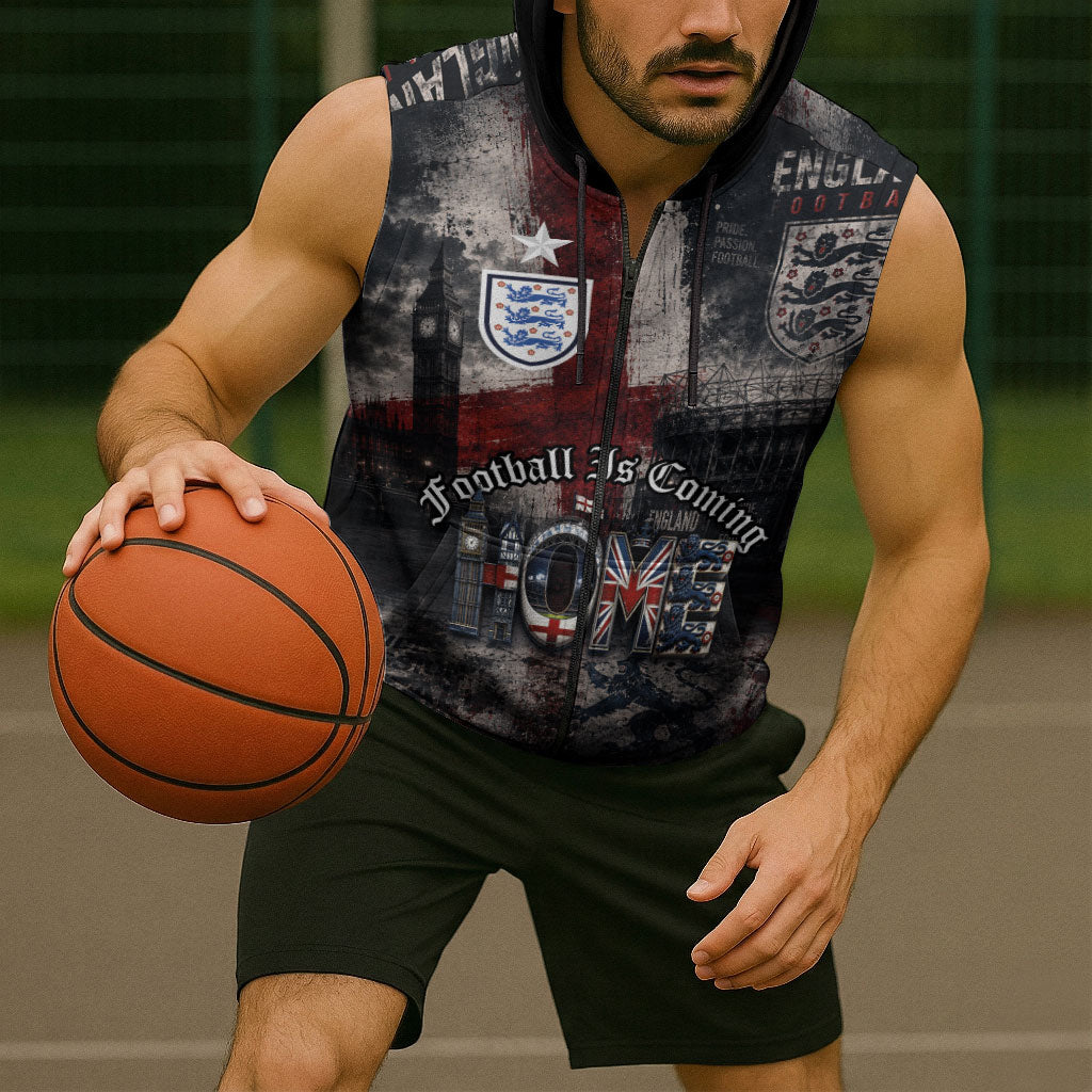 England National Football Sleeveless Zip Hoodie Football is Coming Home Typography Grunge Style